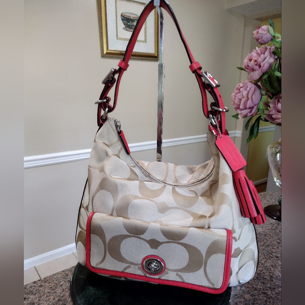 Coach Legacy Signature Courtney Hobo Bag Khaki and Coral Style #22392